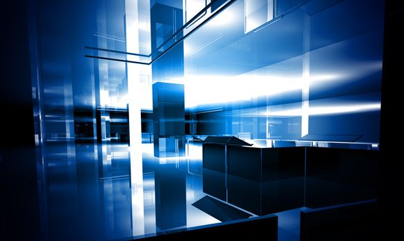 Indoor building. Office space with blue light effects