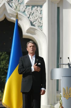      President of Ukraine Viktor Yushchenko listens to Ukraine's anthem in Kyiv August 24, 2007.                           