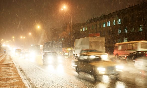 night traffic on the road in Kiev