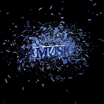 exploding word music on black background - 3d illustration