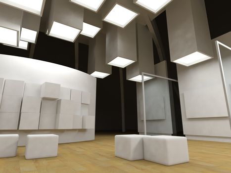 Art gallery with blank frames, modern building, conceptual architecture