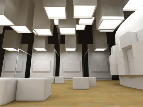 Art gallery with blank frames, modern building, conceptual architecture