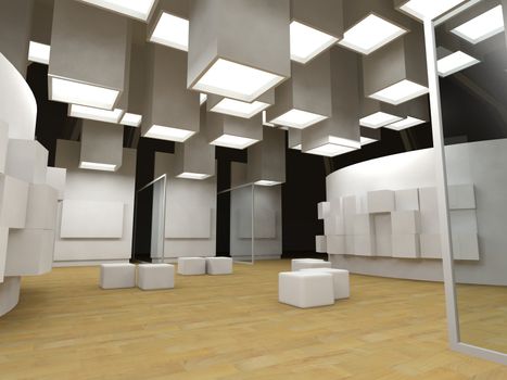 Art gallery with blank frames, modern building, conceptual architecture