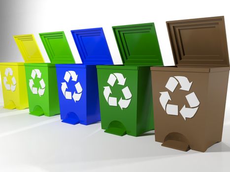 recycle bins in yellow,green,blue and brown