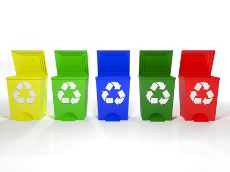 recycle bins in yellow,green,blue and red