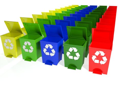 recycle bins in yellow,green,blue and red