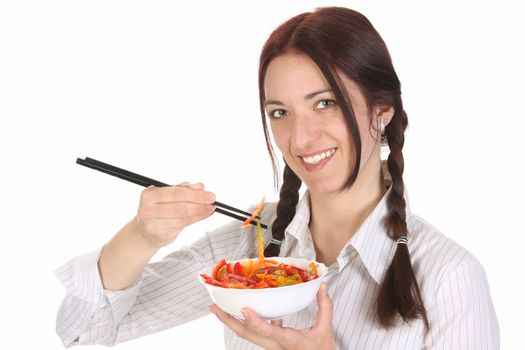 Beautiful woman eating with chopsticks, chinese food