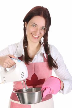 housewife preparing with kitchen mixer on white  background
