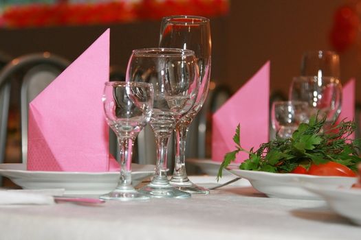 The served table with glasses for wine