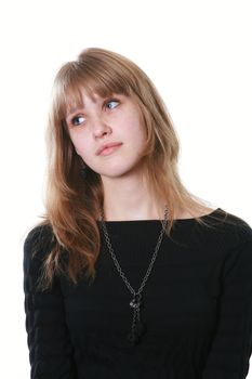 The young woman poses on a white background