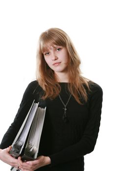 The young woman with official papers in dark clothes