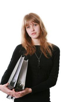 The young woman with official papers in dark clothes