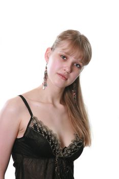 The young woman poses on a white background