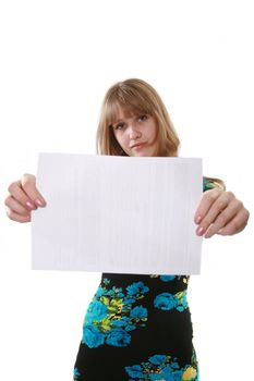 The girl holds white advertising a card