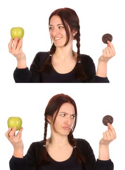 beautiful woman choosing between chocolate cookies and apple on white background 