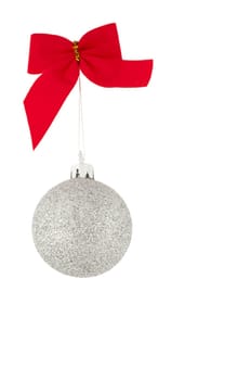 Red bow and silver christams ball, isolated on white