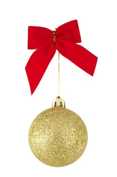 Red bow and golden christams ball, isolated on white