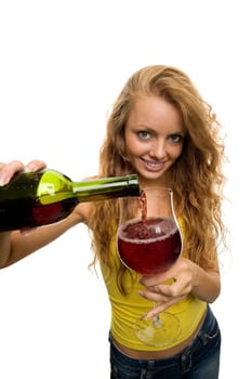 beautiful girl with a glass of wine on a light background