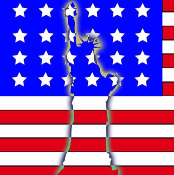 The Statue Of Liberty in front of the American flag.