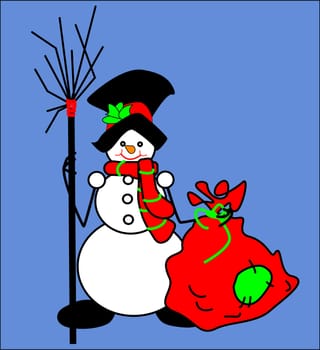 snowman white, bag of gifts, broom big black hat, bears gifts, scarf with a snowman, congratulates novyym year, 2011, Merry Xmas
