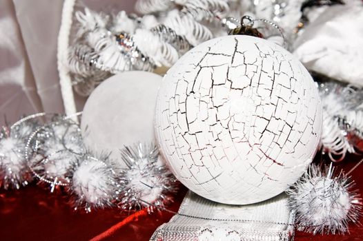 xmas decoration ornaments in white and silver and red