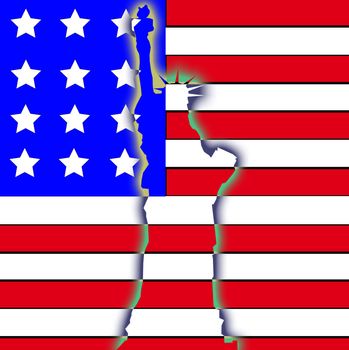 The Statue Of Liberty in front of the American flag.