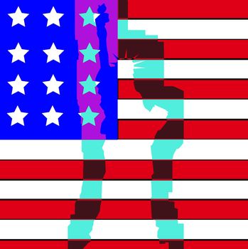The Statue Of Liberty in front of the American flag.