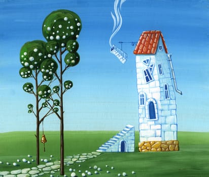 Surrealist house on the lawn with two trees (painting)