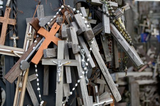 A close-up look of the Hill of Crosses. This is a site of pilgrimage near the city of Siauliai, in Lithuania, Europe