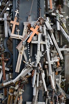 A close-up look of the Hill of Crosses. This is a site of pilgrimage near the city of Siauliai, in Lithuania, Europe