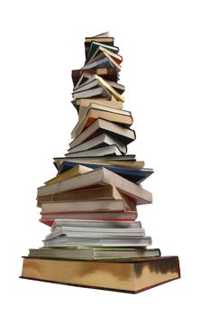 Stack of different books on a white background