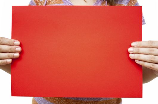 Young woman holding a red paper over white background