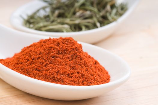 Fresh ground paprika in a spoon closeup.