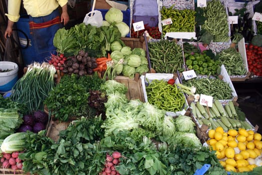 Street market vegetables. Fresh assortment of produce stacked in a row