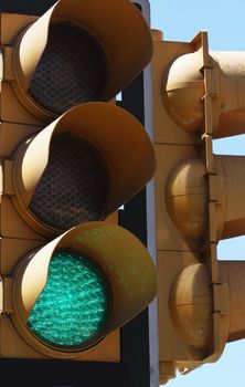 Closeup of traffic light showing the green light