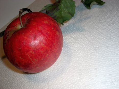 red apple with stem and leaves on white background 