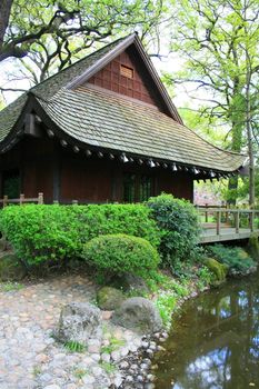 Close up of a unique japanese house.
