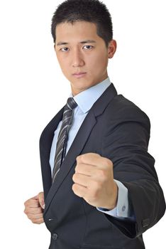 Young businessman portrait with fight pose on white background.