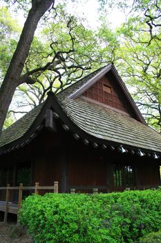 Close up of a unique japanese house.
