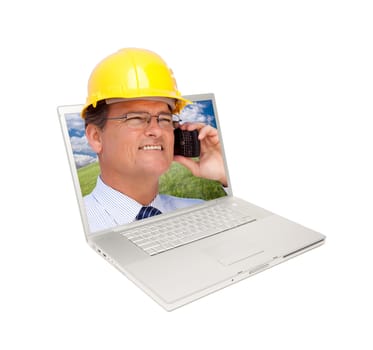 Laptop and Man with Hard Hat on Cell Phone Extruding the Screen.
