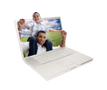 Happy Hispanic Father and Son in Laptop Screen Isolated on White.