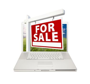 For Sale Real Estate Sign on Computer Laptop Isolated on a white Background.