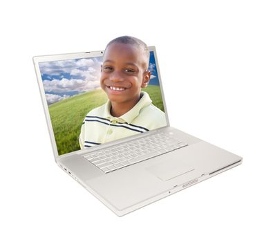 Happy African American Boy in Laptop Screen Isolated on White.