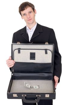 The man with opened suitcase containing one dollar