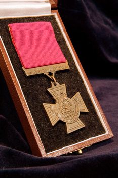 Victoria Cross (VC) is the highest military decoration in United Kingdom. In original box. On black background.