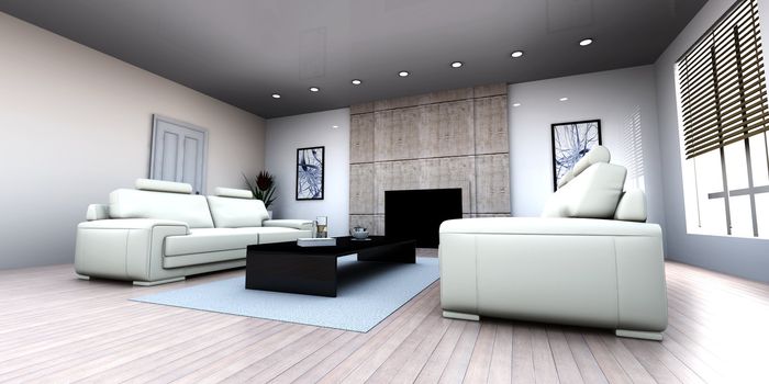 3D rendered Illustration. Interior visualisation of a living room.