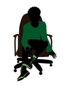 African American male teenager sitting in a chair silhouette on a white background