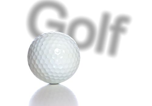 A white golf ball with a reflection and the word golf behind it, isolated against a white background.