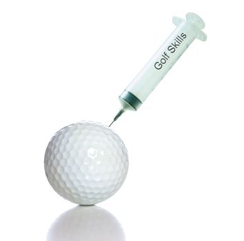 Concept image of adding golf skills to the golf ball via a syringe and needle, isolated against a white background.