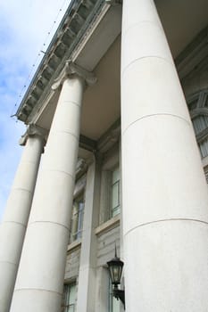 Row of columns showing unique architecture of a building.